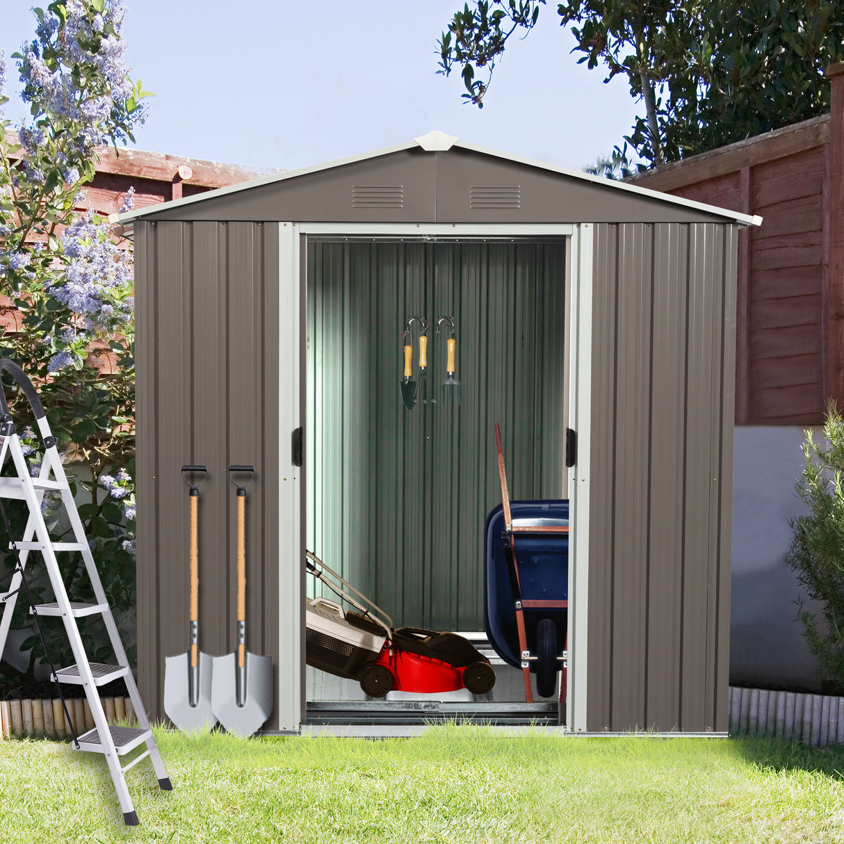 Outdoor Storage Shed Garden Building Heavy Duty Iron 6x5ft Dark Gray