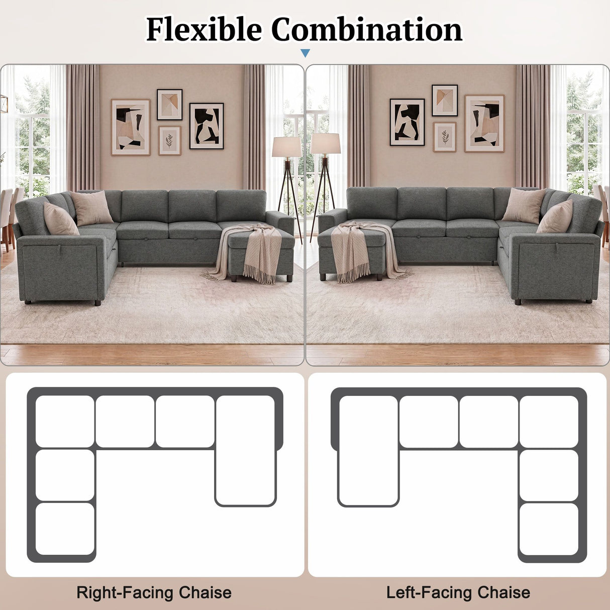 U - Shaped Convertible Sectional Sofa Bed With Storage, USB Charger & Cup Holders