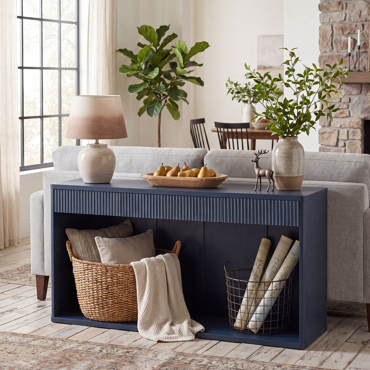 Fluted Console Table With 3 Drawers, Long Sofa Table Behind Couch For Living Room