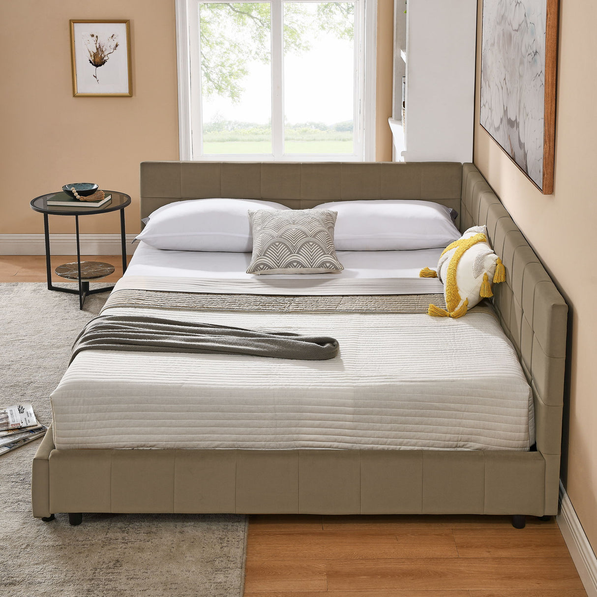 Storage Upholstered Tufted Bed Frame With Backrest And Armrests