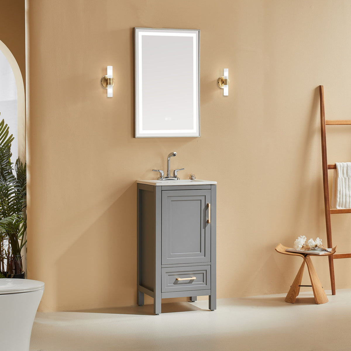 Fully Assembled 18'' Freestanding Single Bathroom Vanity With Ceramic Top - Gray