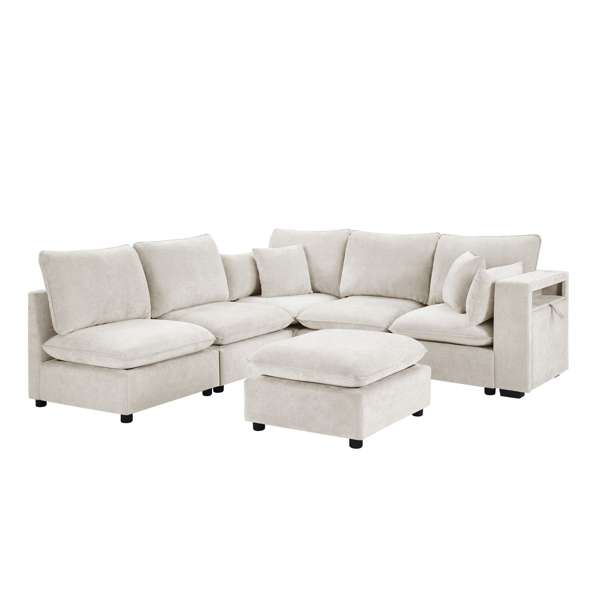 Sectional Modular Sofa, U-Shaped With Movable Ottoman, Storage Armrests And USB Ports - Beige