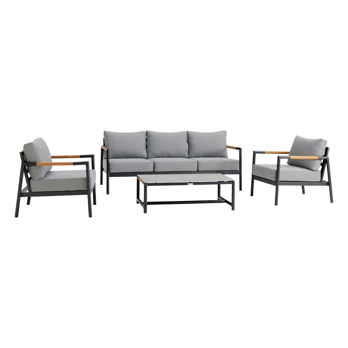 Crown - 4 Piece Black Aluminum And Teak Outdoor Seating Set With Dark Gray Cushions