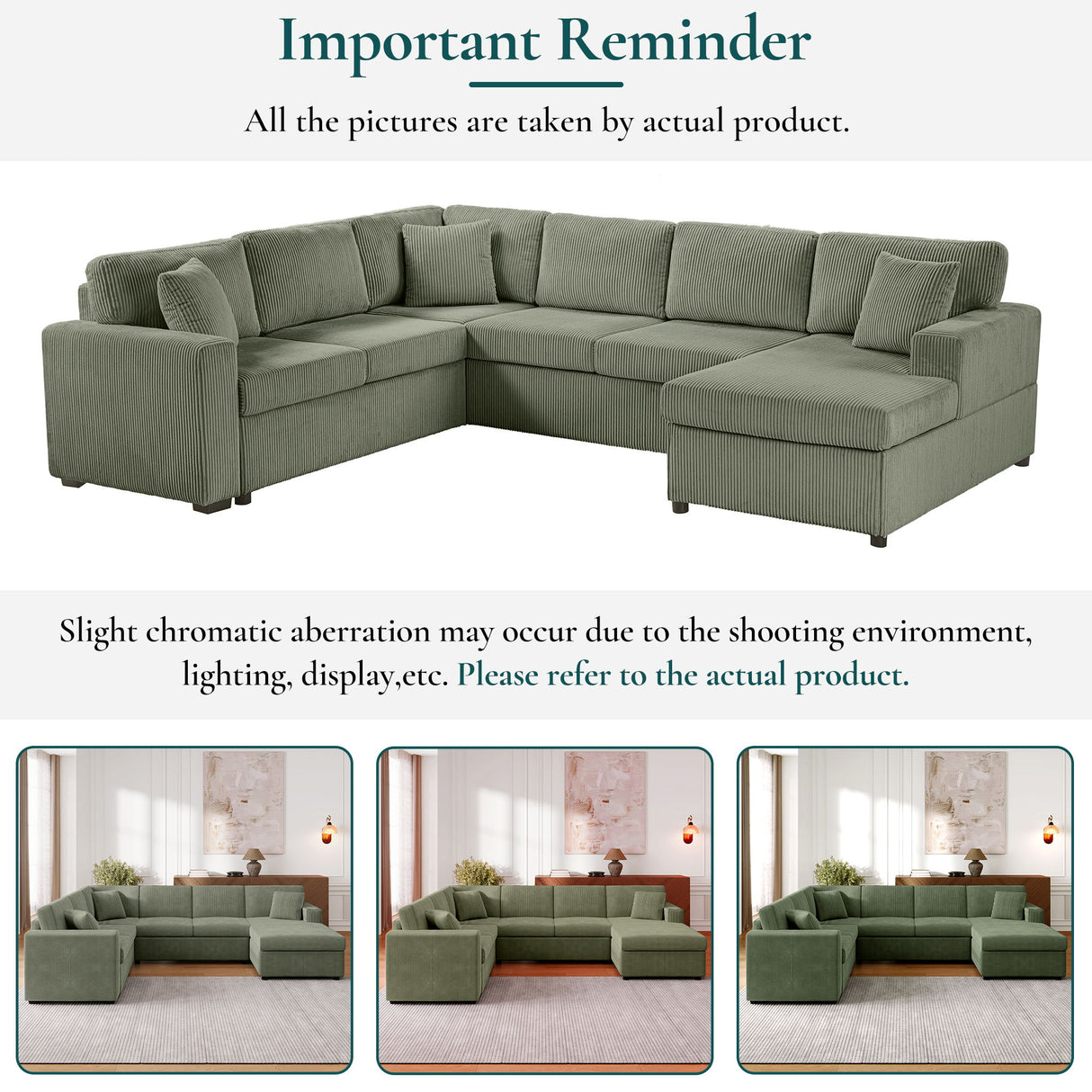 Oversized Sectional U-Shaped Sofa With Chaise Lounge And Three Soft Throw Pillows