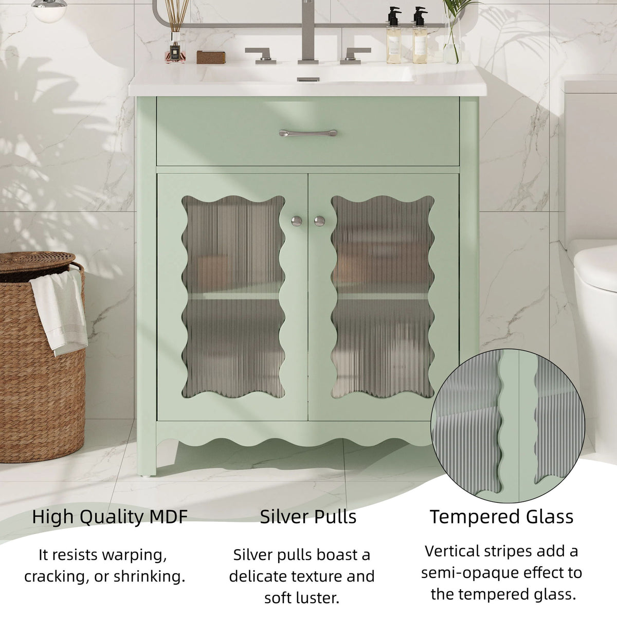 Bathroom Vanity With Glass Doors, Soft Close Hinges - Green
