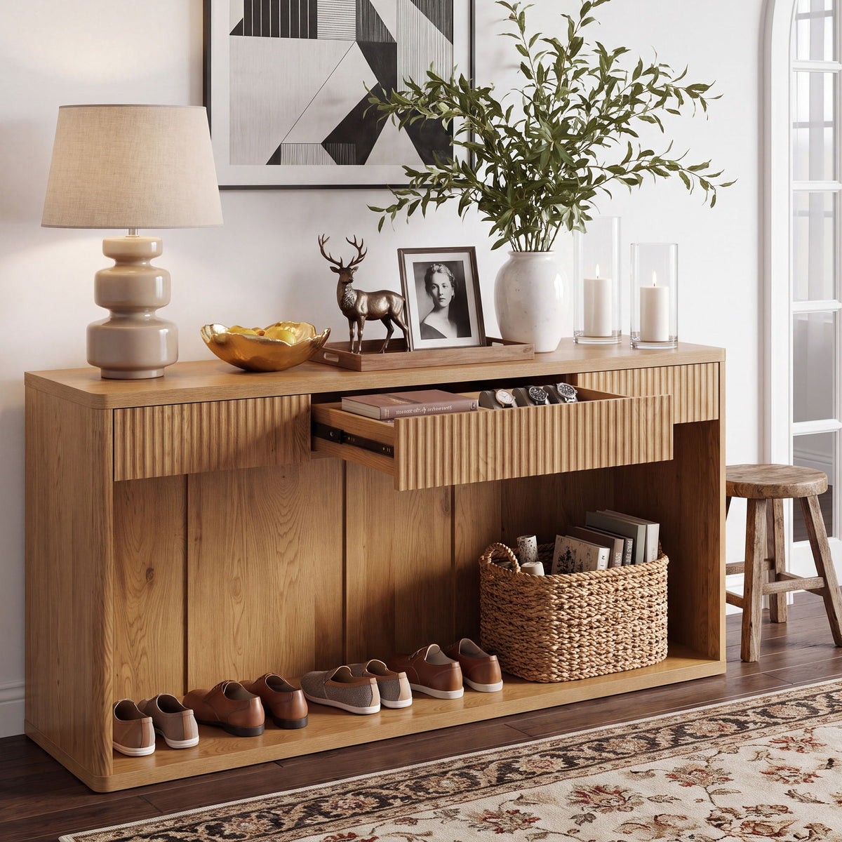 Fluted Console Table With 3 Drawers, Long Sofa Table Behind Couch For Living Room
