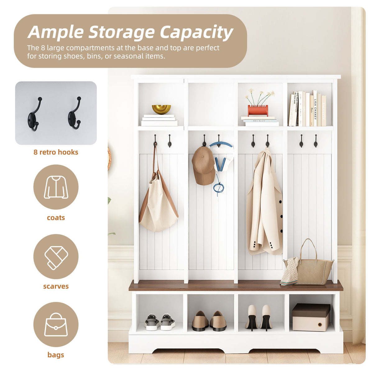 Hall Tree With 8 Hooks, Practical Entryway Bench With Open Compartments
