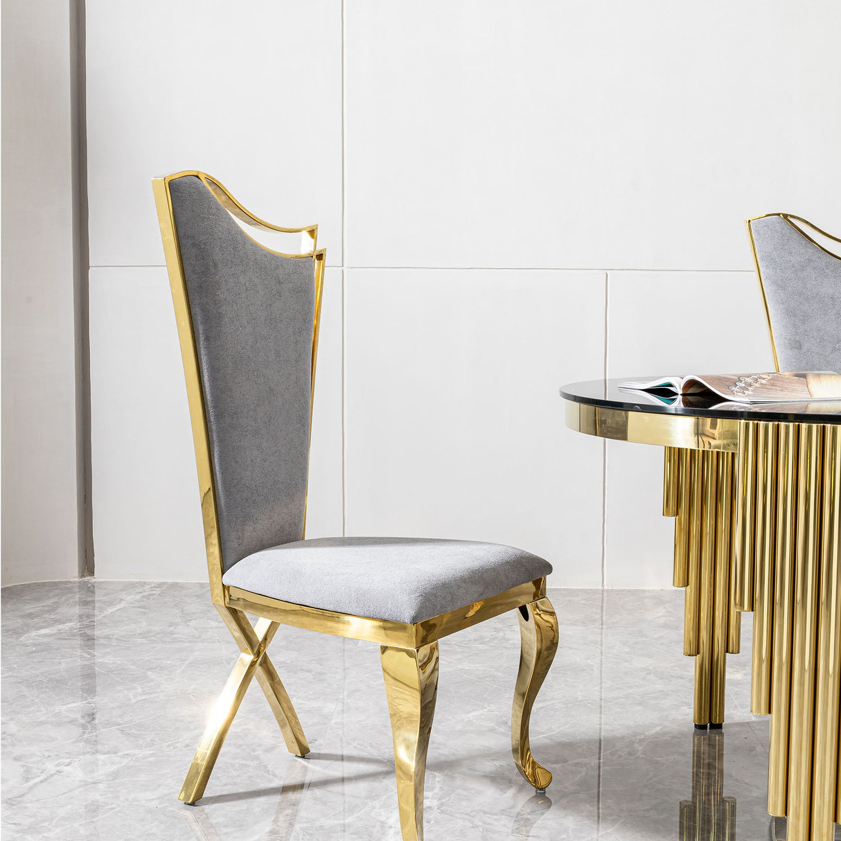 Gorgeous Streamlined High Back Fabric Stainless Steel Dining Chair (Set of 2) - Gold / Gray