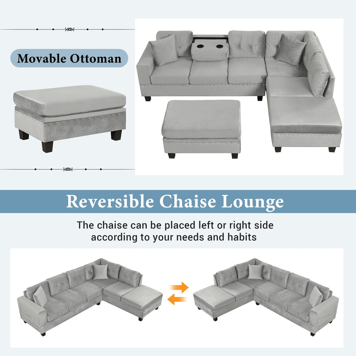 Modern Sectional Sofa With Storage Ottoman, L - Shape Couch With 2 Pillows And Cup Holders