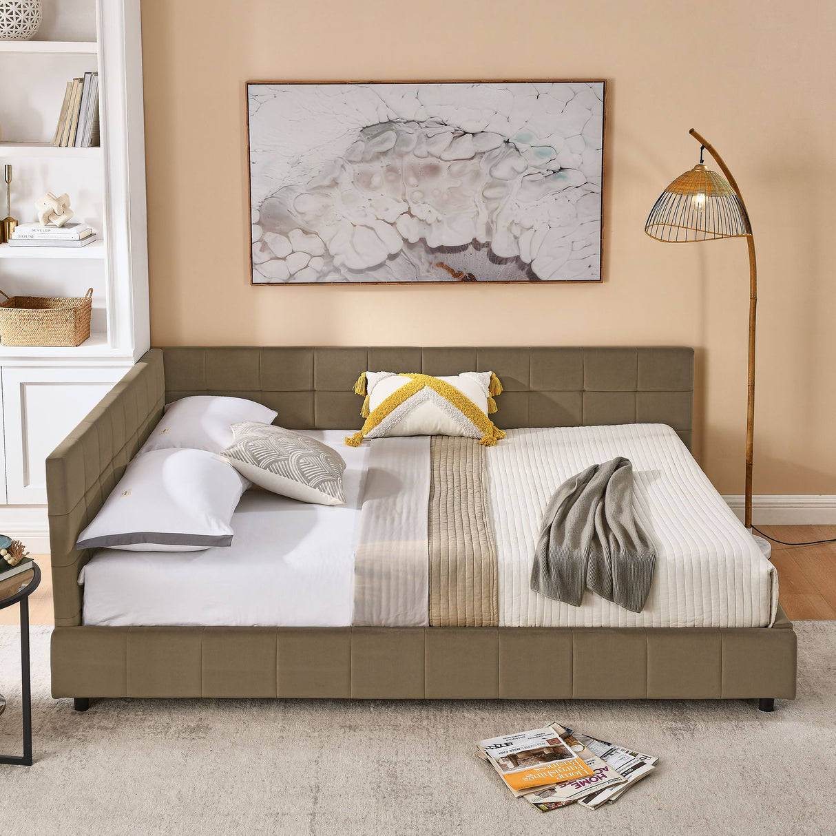 Storage Upholstered Tufted Bed Frame With Backrest And Armrests