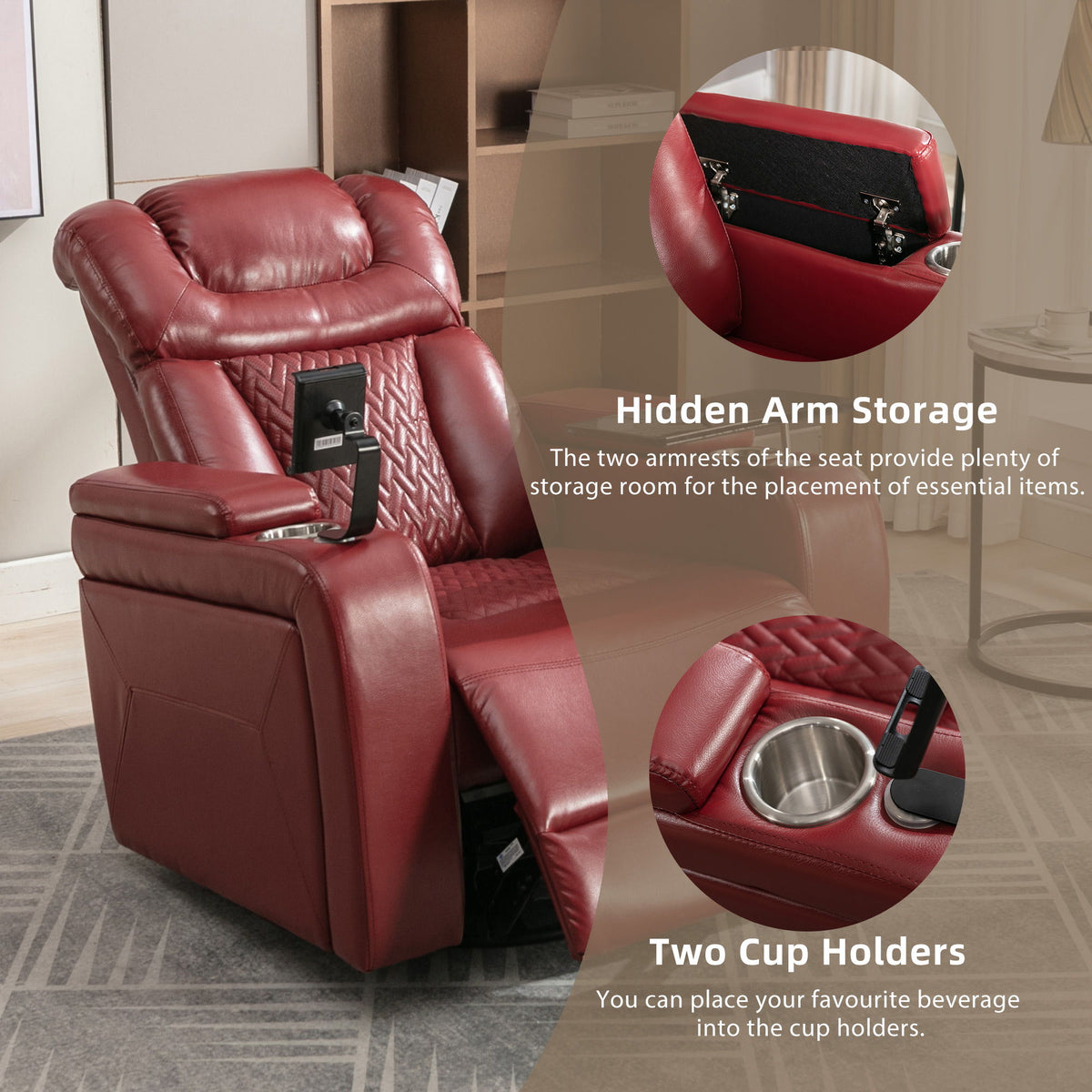 270 Degree Swivel Power Recliner With Tray Table, Phone Holder, Cup Holder, USB Port
