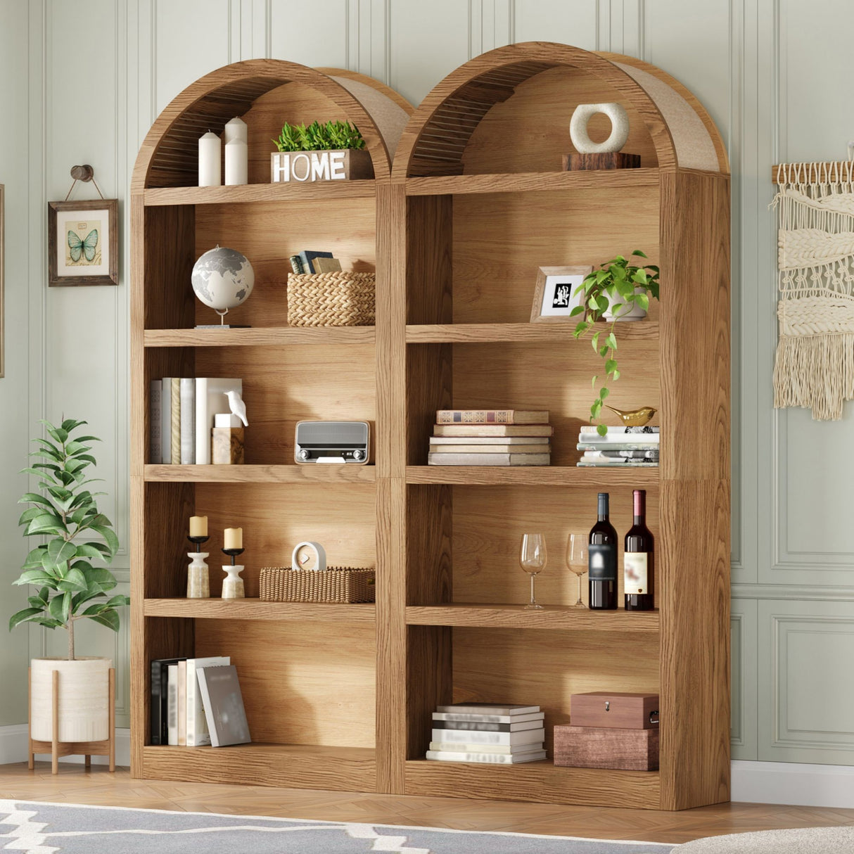 Freestanding Tall 5 Tier Display Bookcase For Living Room (Set of 2) - Brown