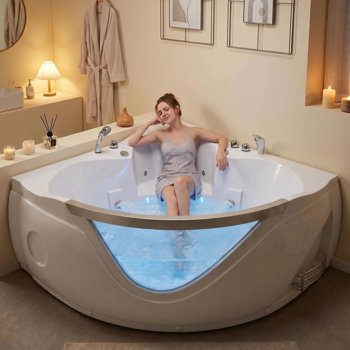 Xavier - Double Corner Massage Bathtub, Equipped With Gfci Plug And Ul Certified Water Pump, Upc Certified Drain - Milk White