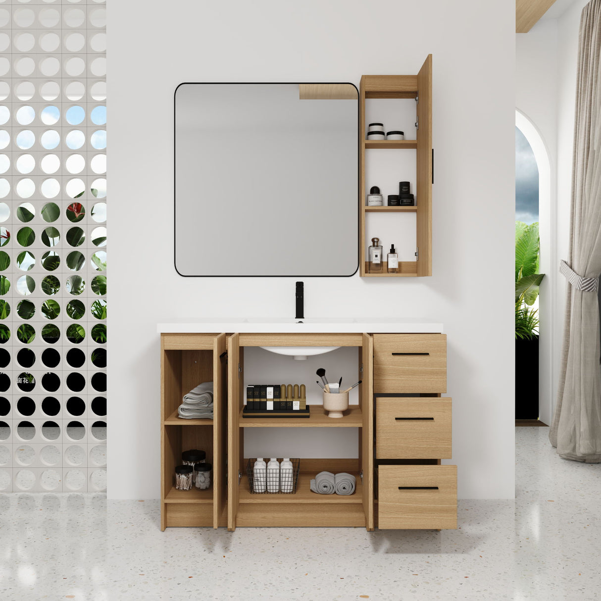 Freestanding Bathroom Vanity Set With Tall Side Cabinet, 3 Drawers And 3 Door Cabinet, Integrated Sink, Large Storage - Glossy White / Light Oak