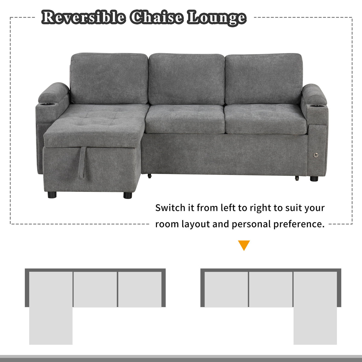 Convertible L Shaped Sofa Couch With Storage, Cup Holders, USB Ports
