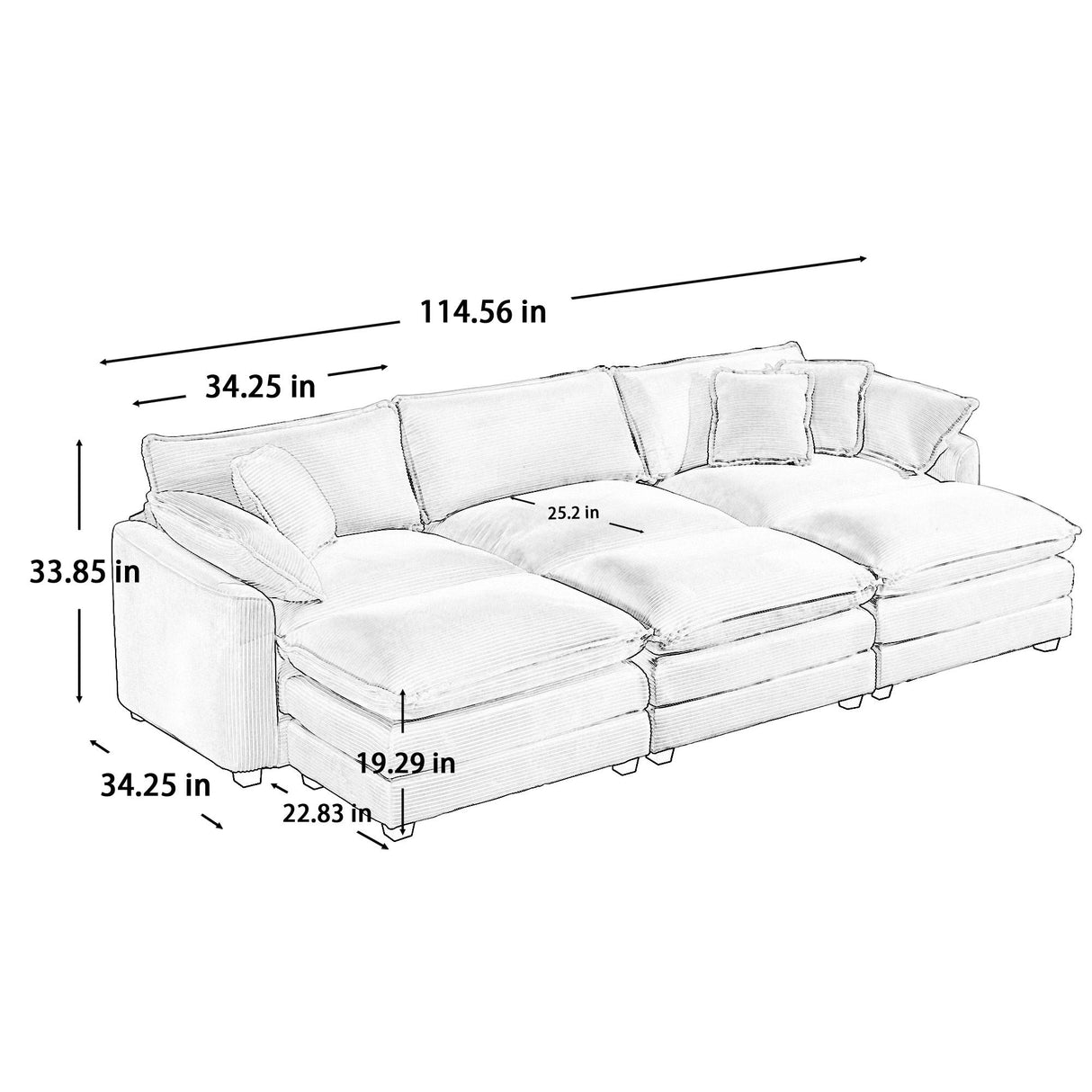 Oversized Modular Cushion Sofa With Ottoman, Low Back, Deep Seating Sofa Set