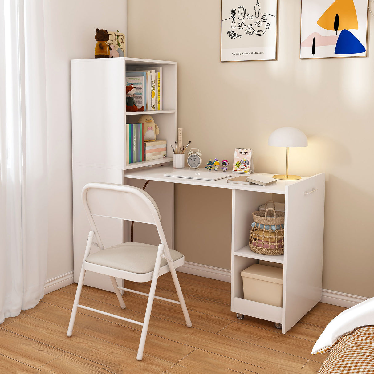 Stretchable Office Desk With Storage Shelves And Mobile Wheels
