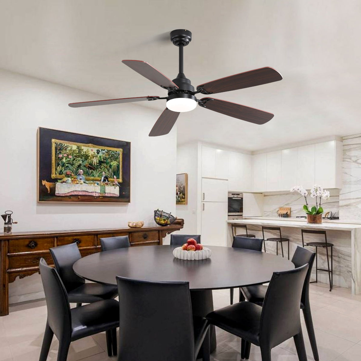 52" Ceiling Fan With LED Light, 6 Speed DC Motor, Remote Control - Matte Black