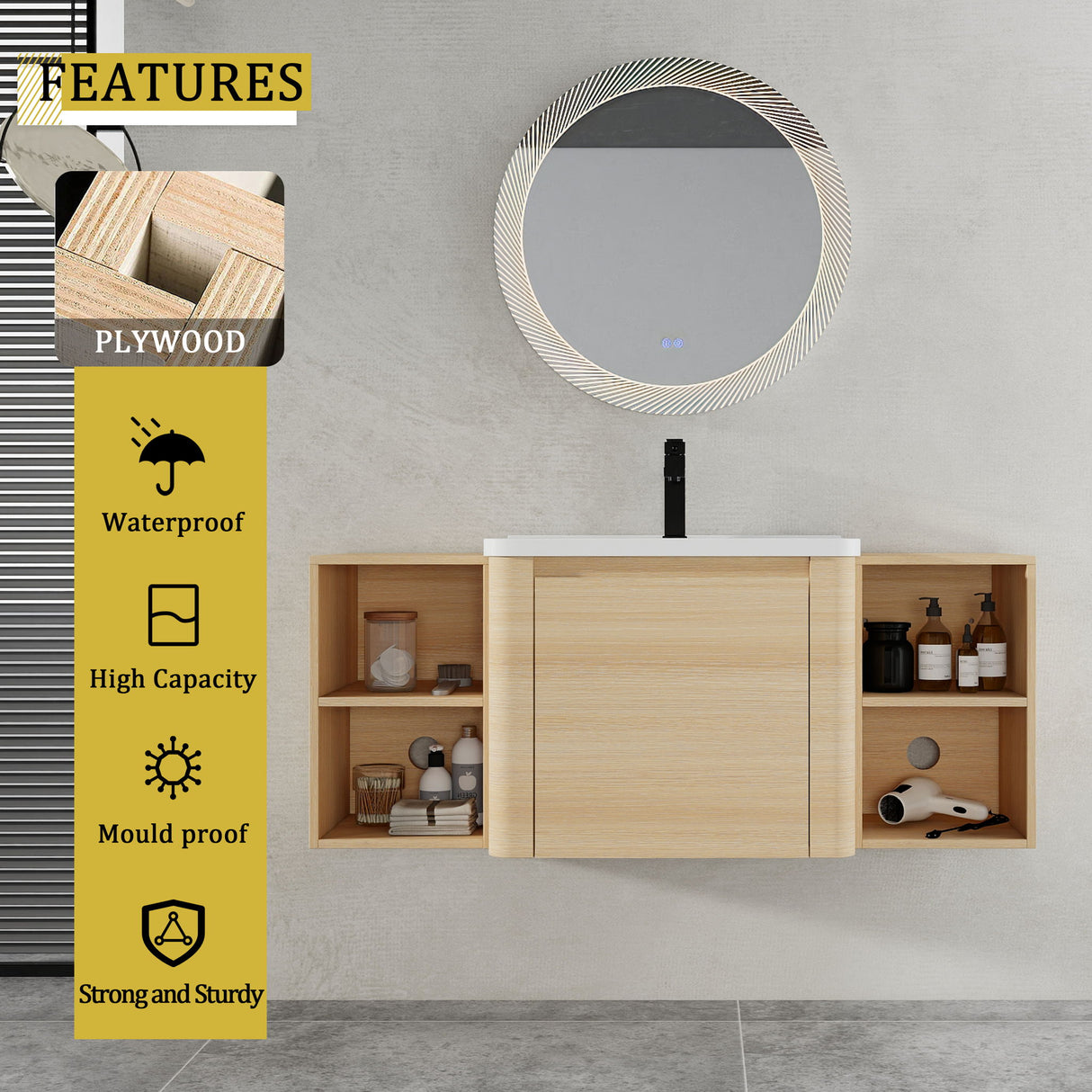Wall Mounted Bathroom Vanity With Sink, Storage Shelves & Soft Close Door