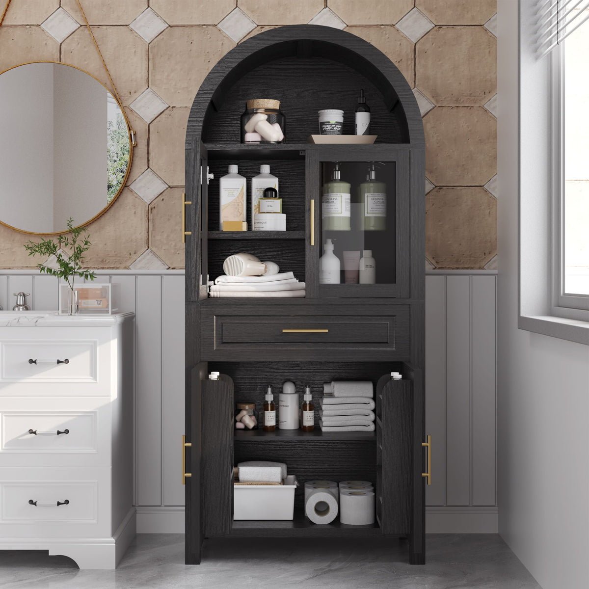 Arched Kitchen Pantry Cabinet With Adjustable Shelves And Barn Door Design