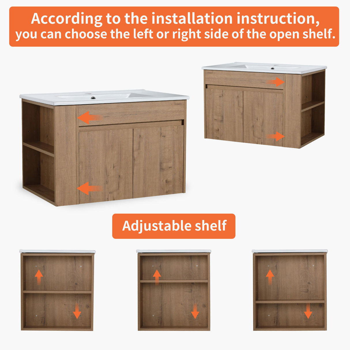 Wall Mounted Bathroom Vanity With Basin And Adjustable Open Shelf
