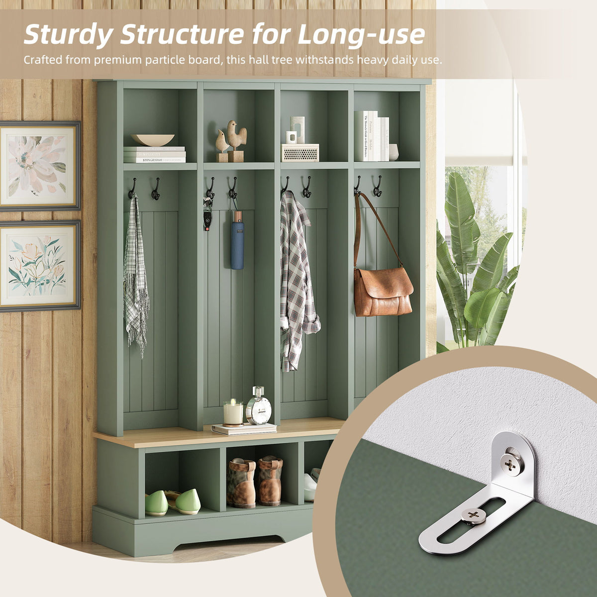 Hall Tree With 8 Hooks, Practical Entryway Bench With Open Compartments