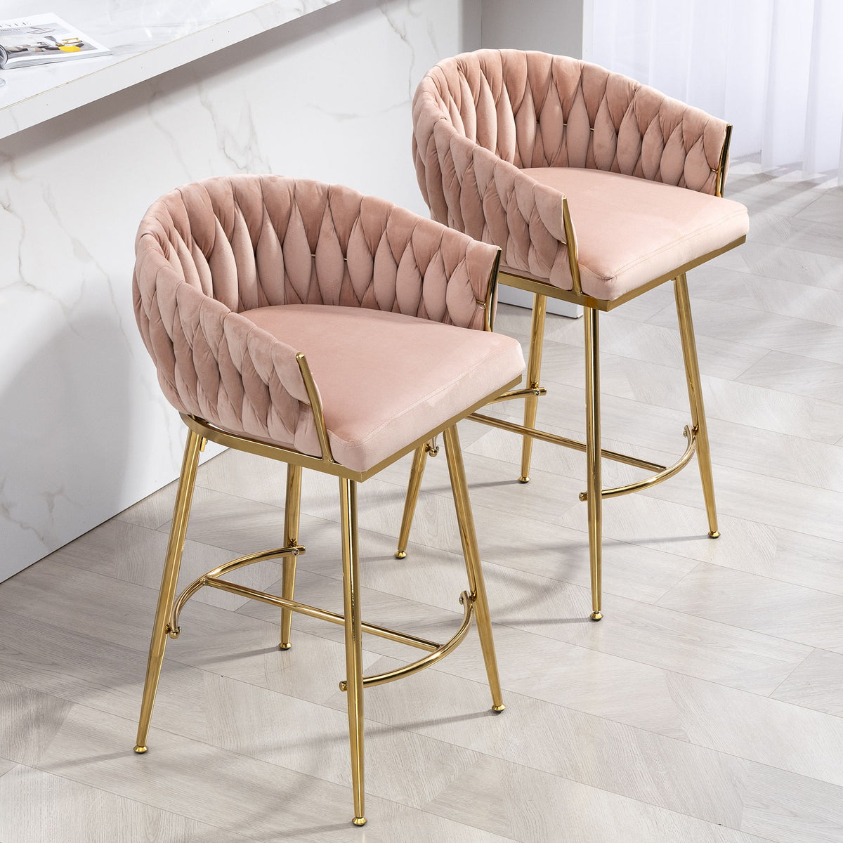 Counter Height Bar Stools Kitchen Island Counter Bar Stool With Hand - Wave Back, Golden Chromed Base And Footrest (Set of 2) - Pink