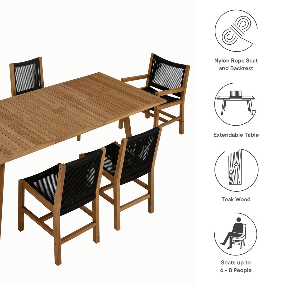 7-Piece Extendable Outdoor Teak and Rope Dining Set with Armless Chair – Natural and Black - Outdoor - Alpine Outlets