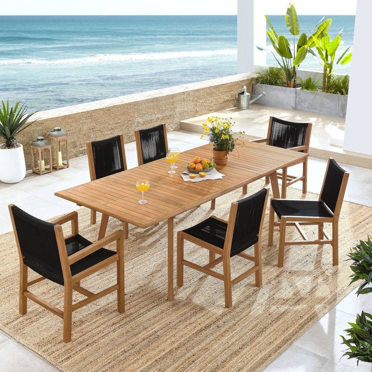 7-Piece Extendable Outdoor Teak and Rope Dining Set with Armless Chair – Natural and Black - Outdoor - Alpine Outlets