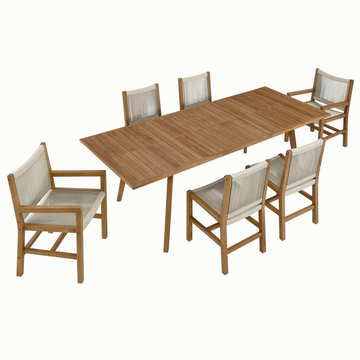 7-Piece Extendable Outdoor Teak and Rope Dining Set with Armless Chair – Natural Finish - Outdoor - Alpine Outlets