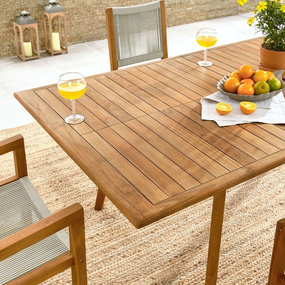 7-Piece Extendable Outdoor Teak and Rope Dining Set with Armless Chair – Natural Finish - Outdoor - Alpine Outlets