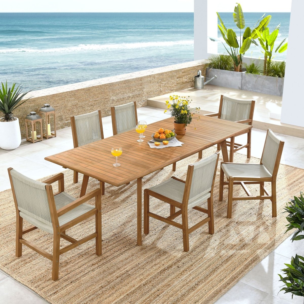 7-Piece Extendable Outdoor Teak and Rope Dining Set with Armless Chair – Natural Finish - Outdoor - Alpine Outlets