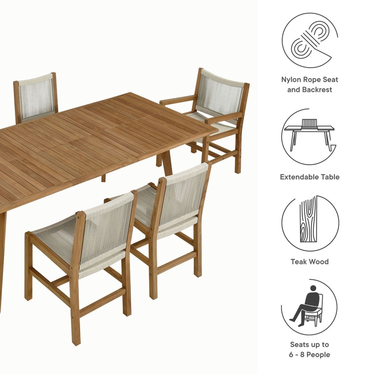 7-Piece Extendable Outdoor Teak and Rope Dining Set with Armless Chair – Natural Finish - Outdoor - Alpine Outlets