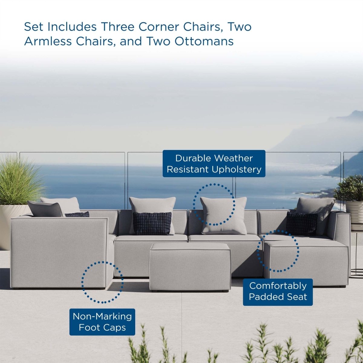 35" 7-Piece Modern Upholstered Outdoor Sectional Sofa – Gray - Outdoor - Alpine Outlets