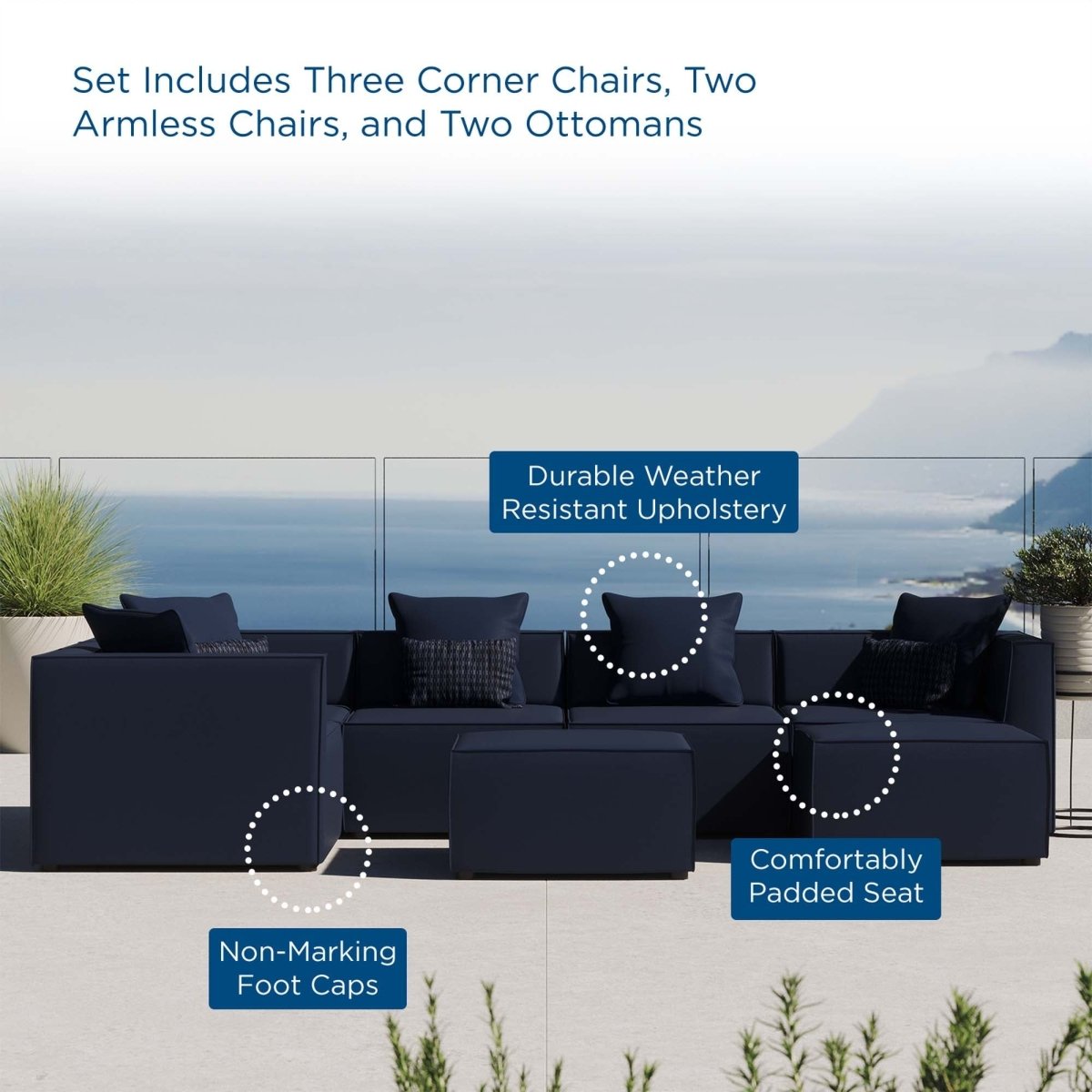 35" 7-Piece Modern Upholstered Outdoor Sectional Sofa – Navy - Outdoor - Alpine Outlets