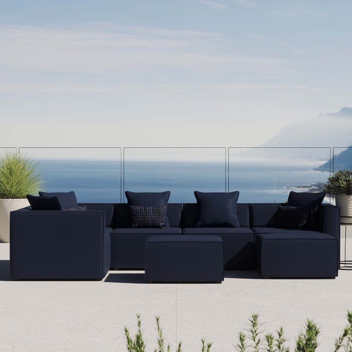 35" 7-Piece Modern Upholstered Outdoor Sectional Sofa – Navy - Outdoor - Alpine Outlets