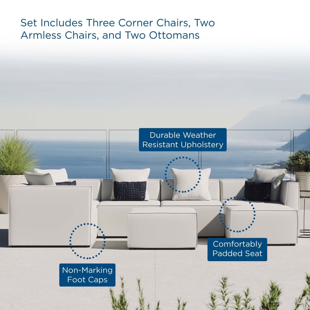 35" 7-Piece Modern Upholstered Outdoor Sectional Sofa – White - Outdoor - Alpine Outlets