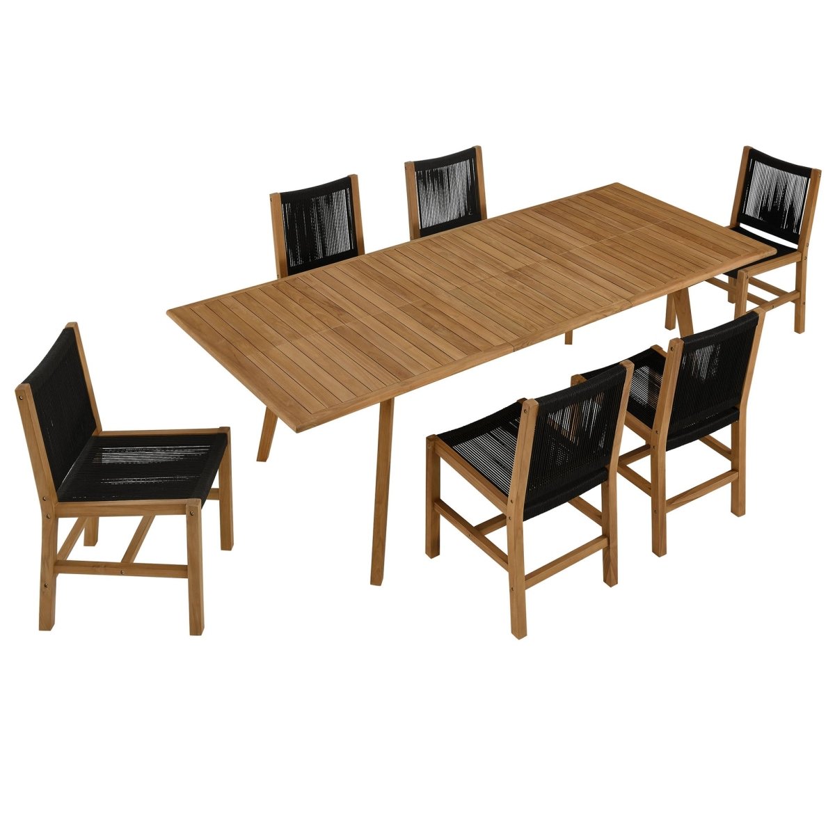 7-Piece Teak Wood and Rope Outdoor Dining Set with Armless Chairs – Natural and Black - Outdoor - Alpine Outlets