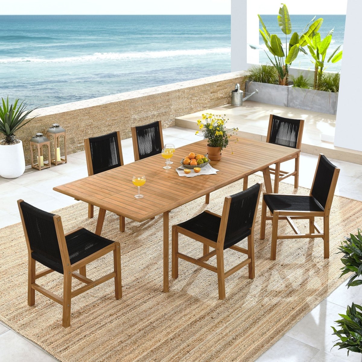 7-Piece Teak Wood and Rope Outdoor Dining Set with Armless Chairs – Natural and Black - Outdoor - Alpine Outlets