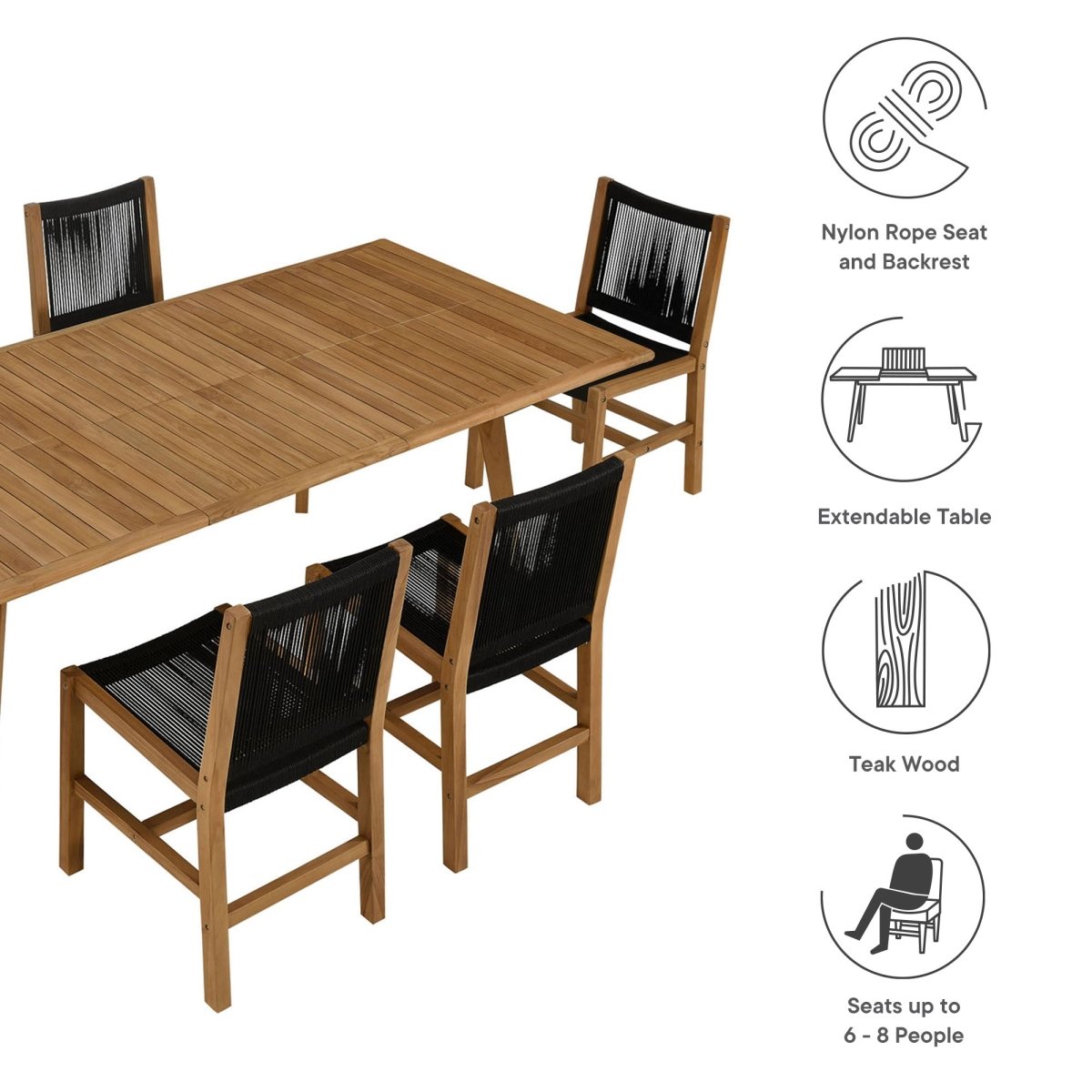 7-Piece Teak Wood and Rope Outdoor Dining Set with Armless Chairs – Natural and Black - Outdoor - Alpine Outlets