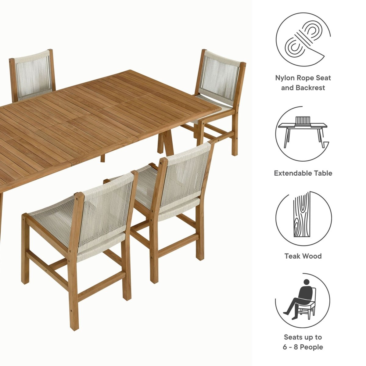 7-Piece Teak Wood and Rope Outdoor Dining Set with Armless Chairs – Natural Finish - Outdoor - Alpine Outlets