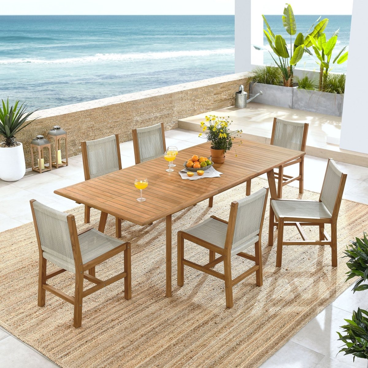 7-Piece Teak Wood and Rope Outdoor Dining Set with Armless Chairs – Natural Finish - Outdoor - Alpine Outlets