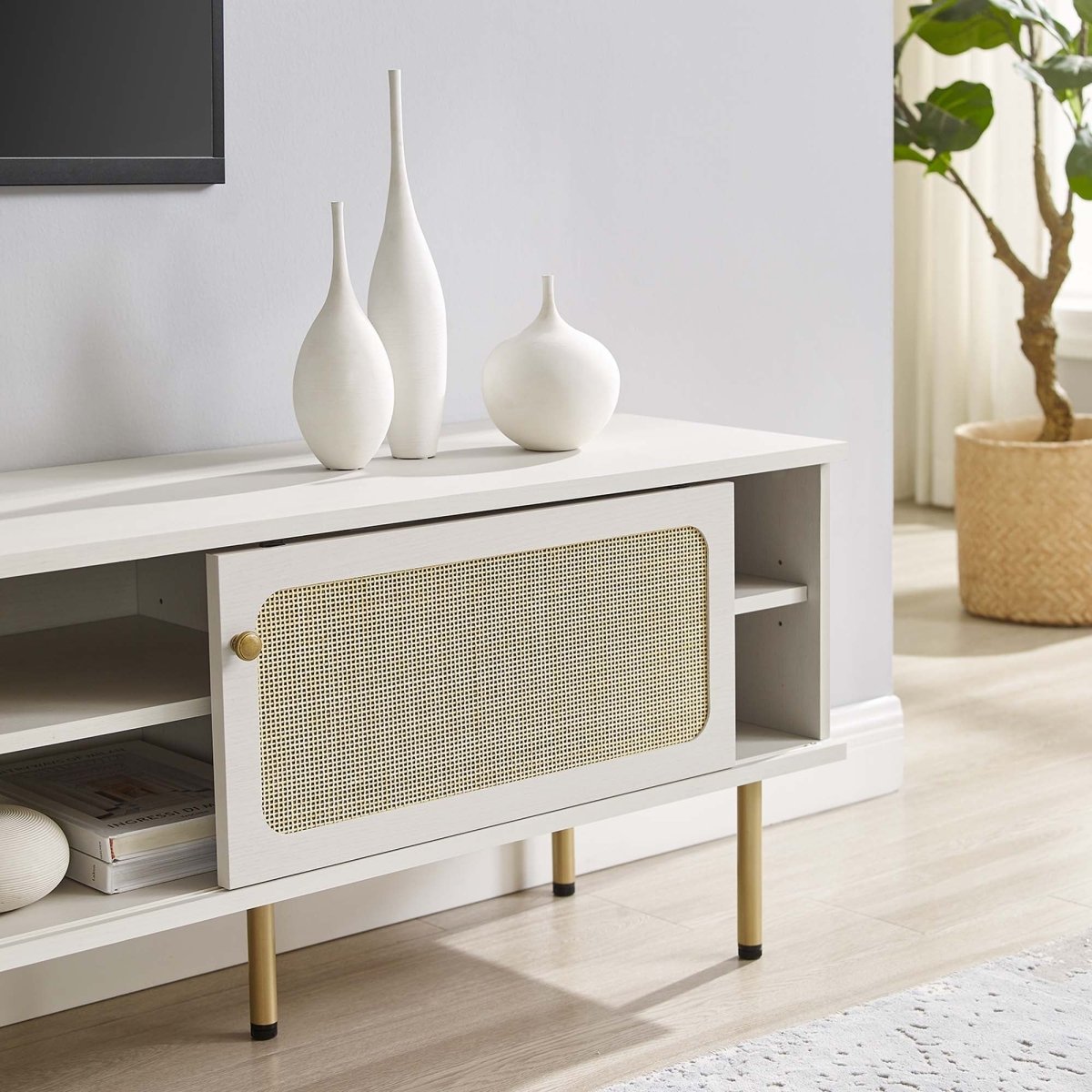 70 Inch Modern Rattan Sliding Door TV Stand - TV Stands available at Alpine Outlets in Denver