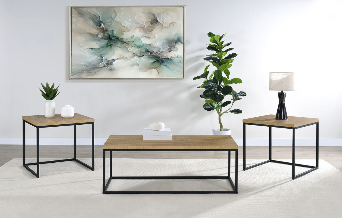Straden 3-Piece Coffee Table Set, Mango Wood and Black Metal
