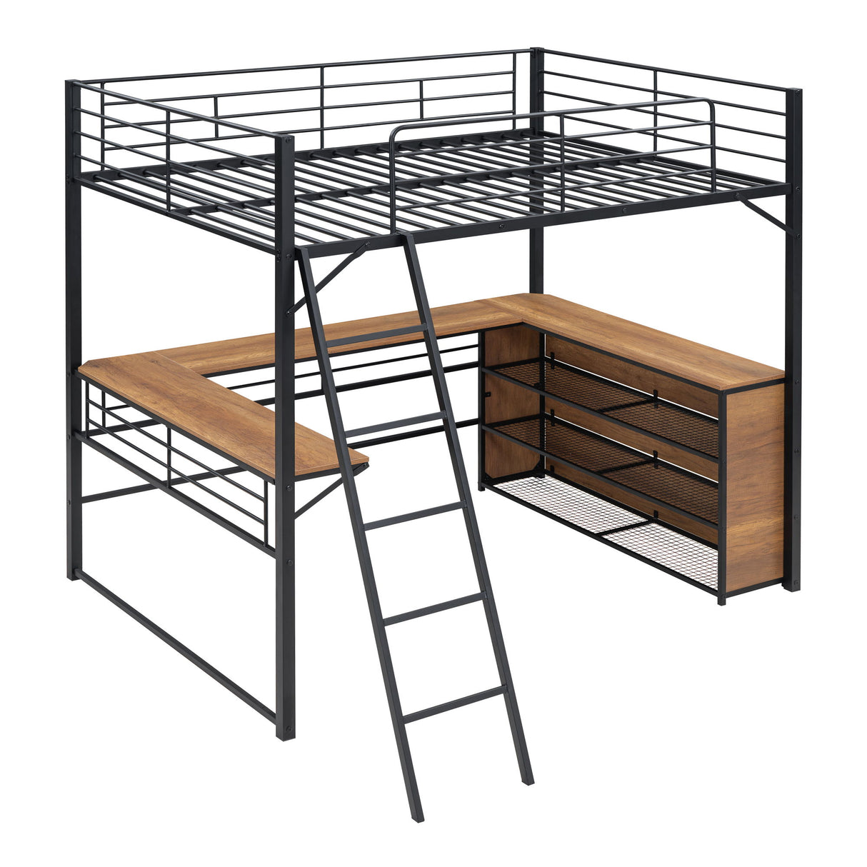 Loft Bed & 3 Layers Of Shelves And L-Shaped Desk