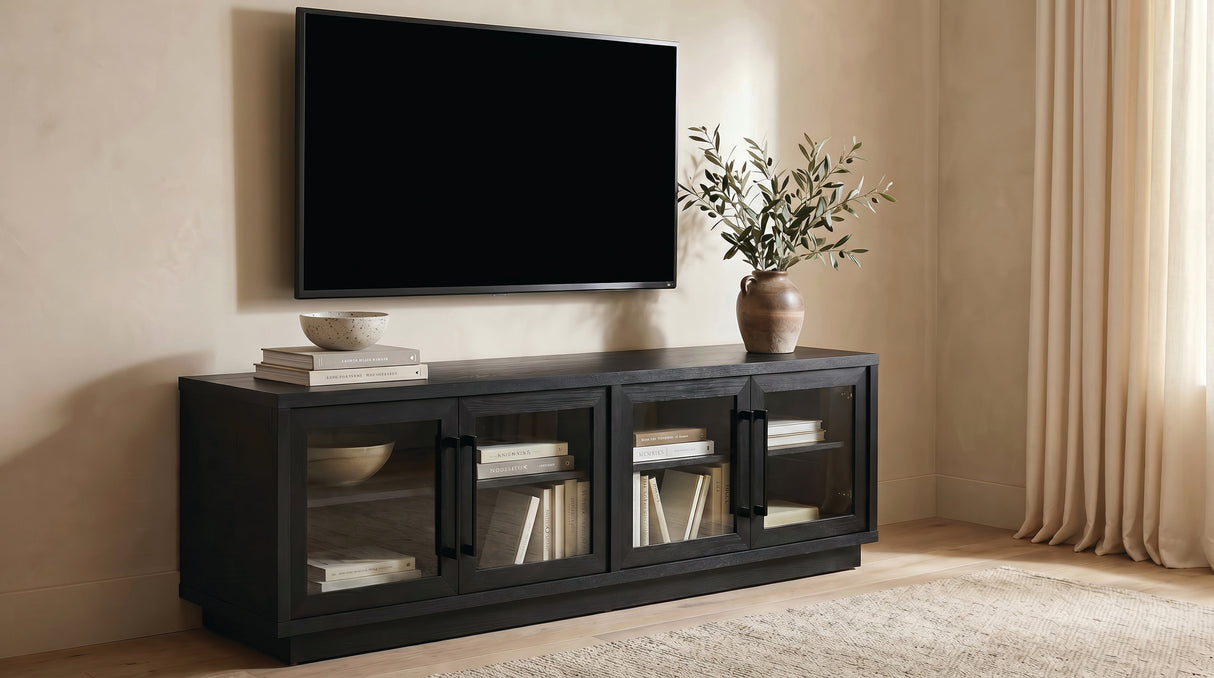 79" Black Glass & MDF TV Stand with Soft-Close Doors