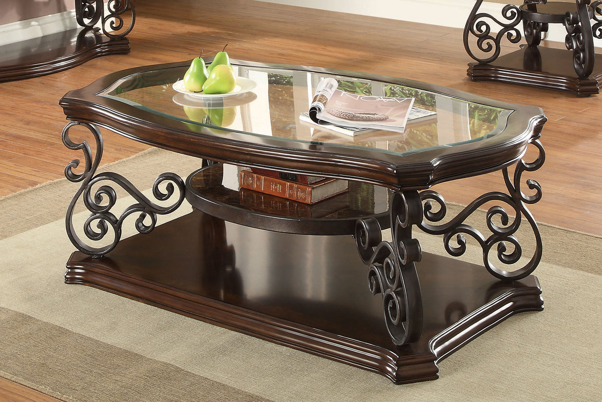 Laney 1-Shelf Glass Top Coffee Table, Dark Merlot