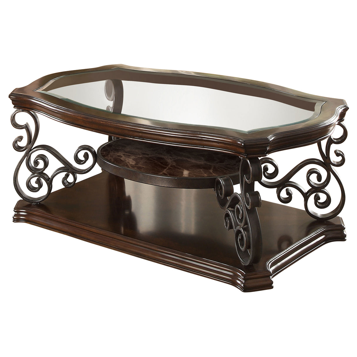 Laney 1-Shelf Glass Top Coffee Table, Dark Merlot