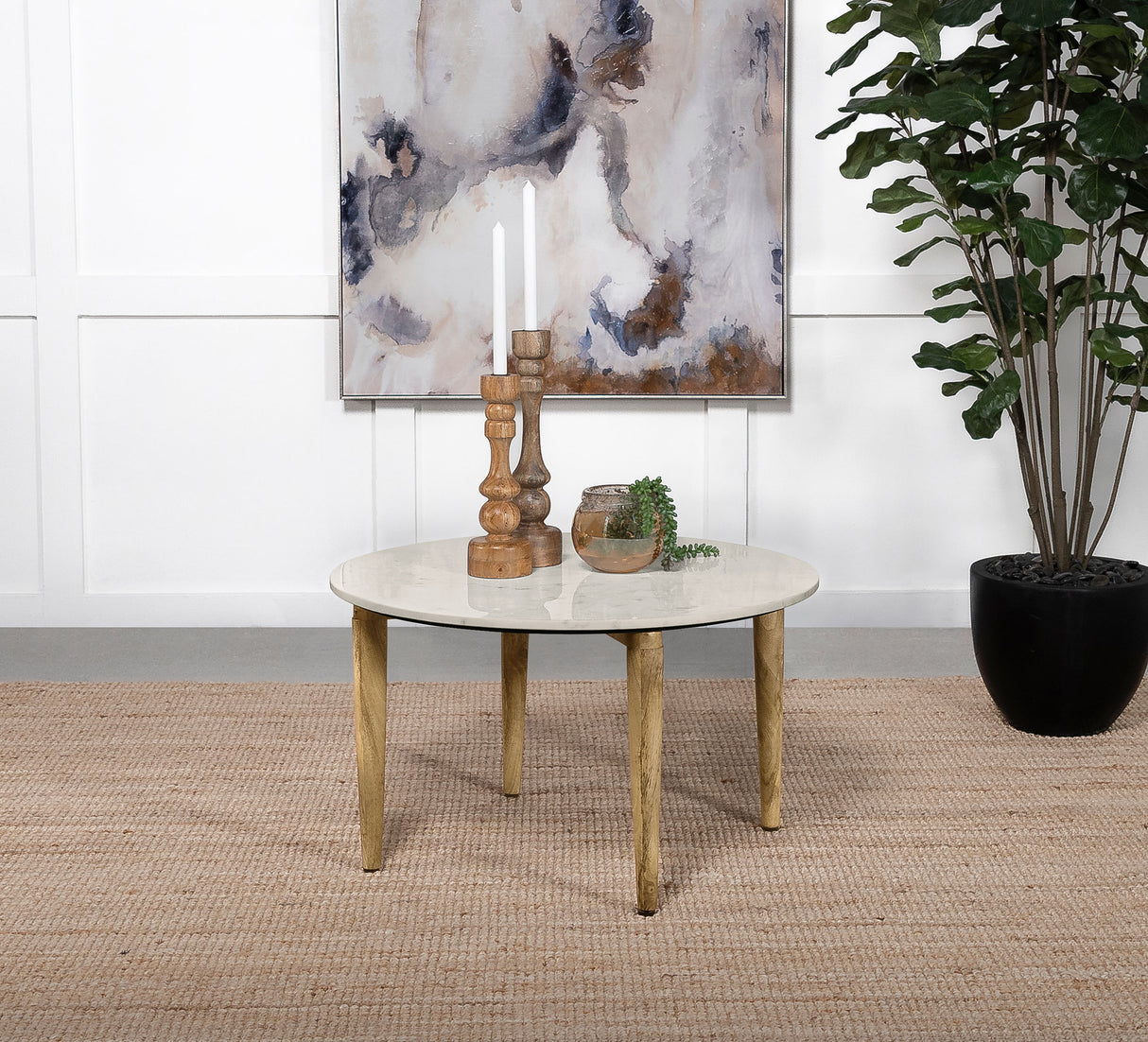 Aldis Round Marble Top Coffee Table, White and Natural