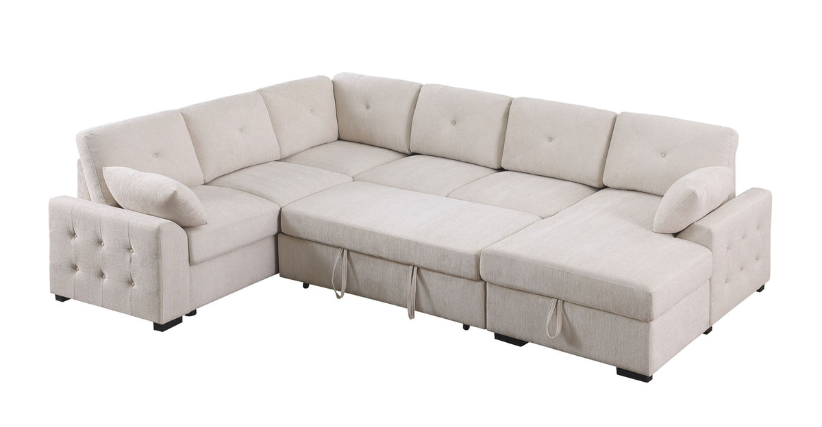 Nyhan - Upholstered Corner Sectional With Pull Out Loveseat And Storaged Chaise - Beige
